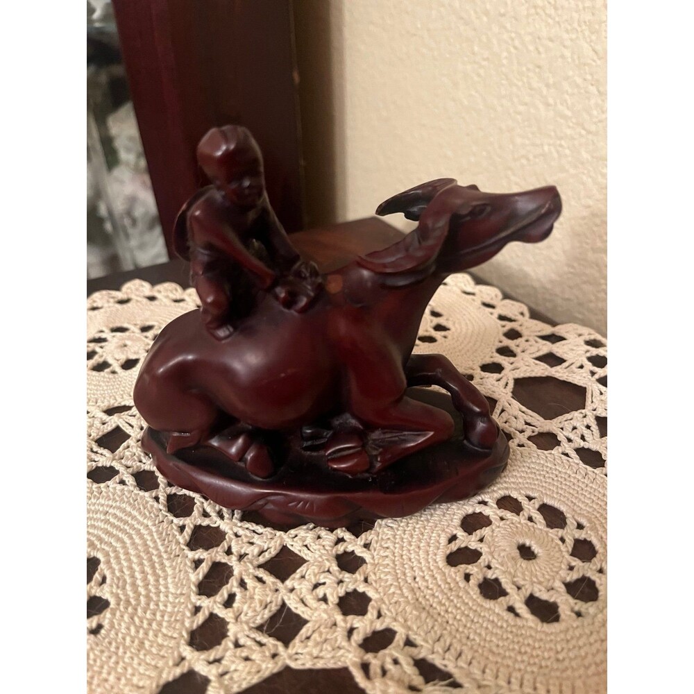 Vintage Chinese Carved Statue Boy Riding an Ox